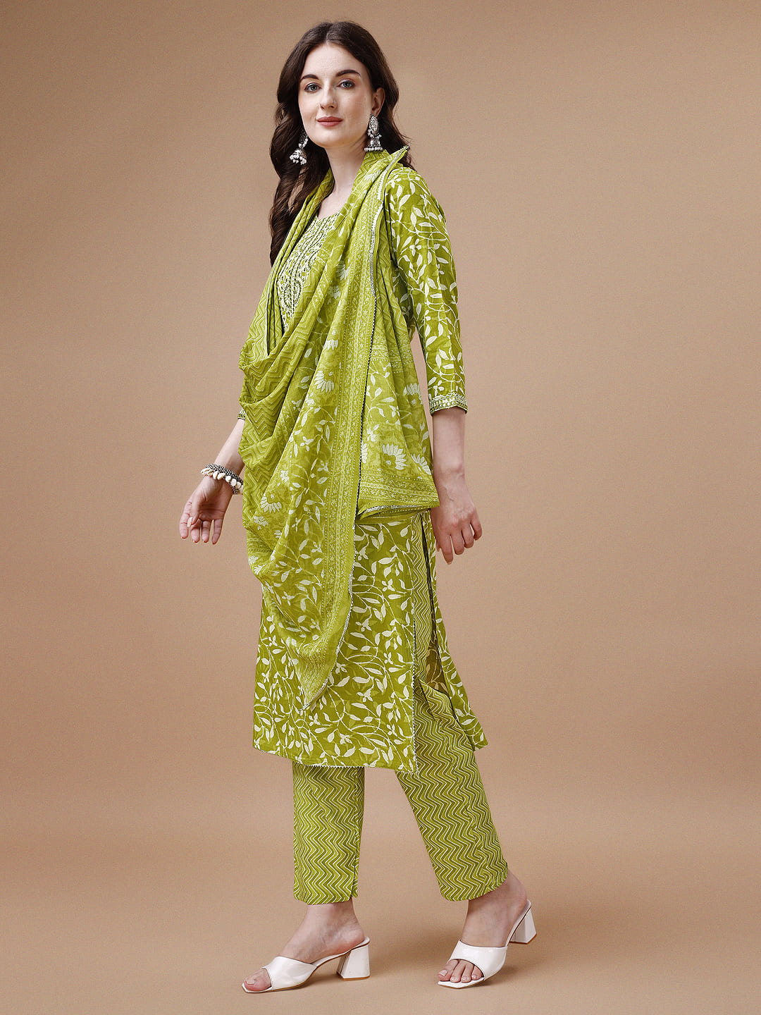 Embroidered & Floral Printed Cotton Kurta With Pant & Dupatta Set, Multicolor - Hiral Fashion | Grocsy