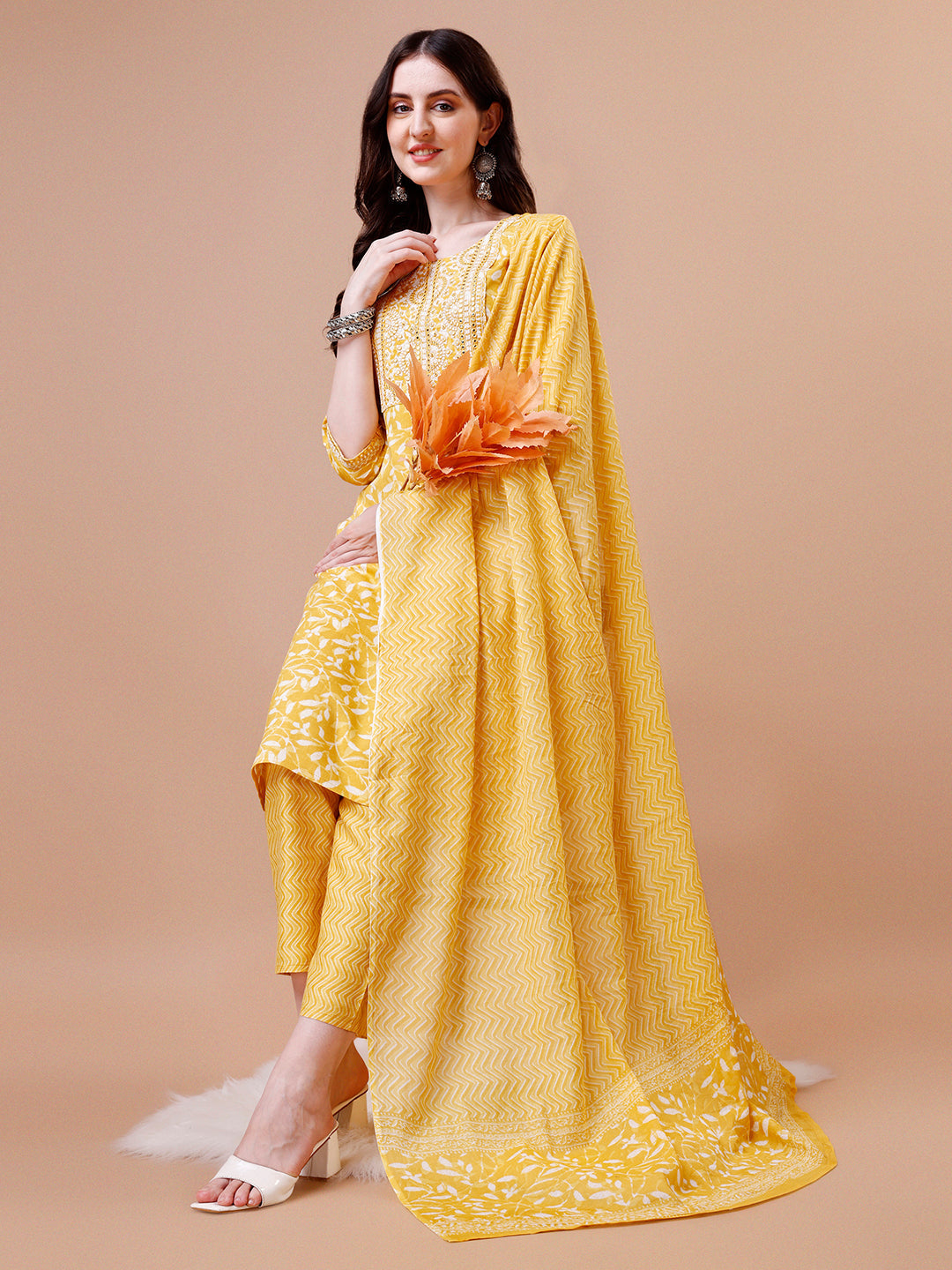 Embroidered & Floral Printed Cotton Kurta With Pant & Dupatta Set, Multicolor - Hiral Fashion | Grocsy