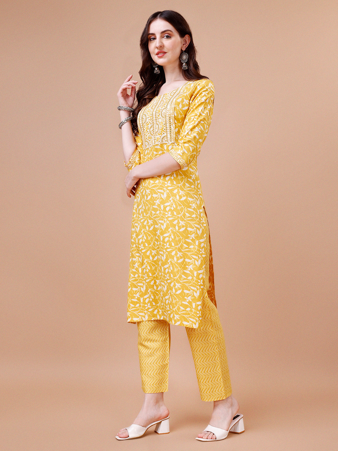 Embroidered & Floral Printed Cotton Kurta With Pant & Dupatta Set, Multicolor - Hiral Fashion | Grocsy