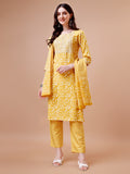 Embroidered & Floral Printed Cotton Kurta With Pant & Dupatta Set, Multicolor - Hiral Fashion | Grocsy