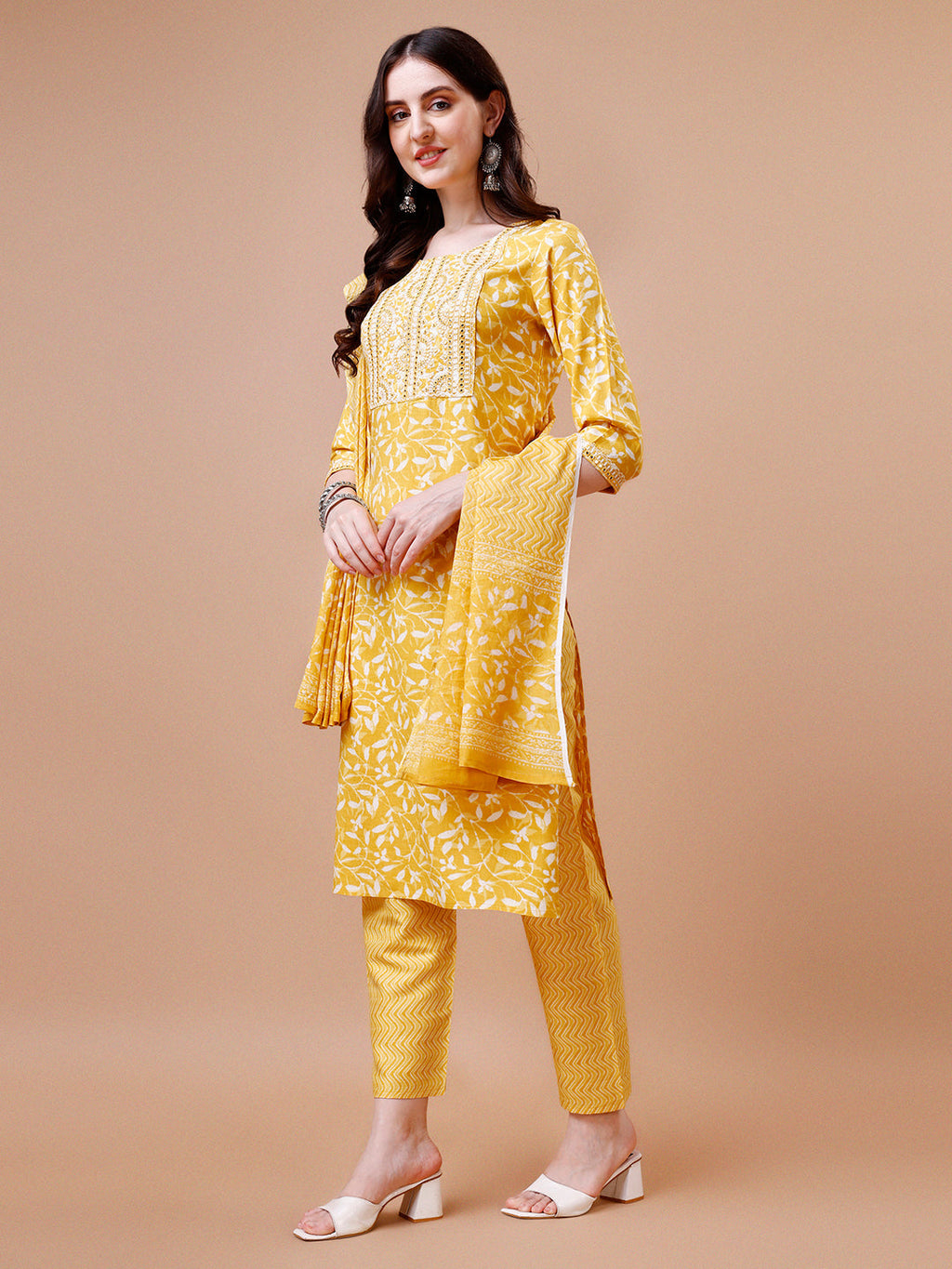 Embroidered & Floral Printed Cotton Kurta With Pant & Dupatta Set, Multicolor - Hiral Fashion | Grocsy