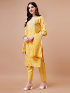 Embroidered & Floral Printed Cotton Kurta With Pant & Dupatta Set, Multicolor - Hiral Fashion | Grocsy