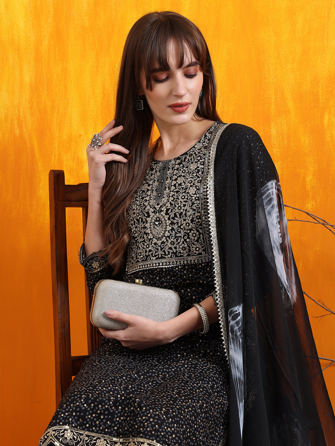Embroidered & Bandhani Printed Kurta With Pant & Dupatta, Black - Hiral Fashion | Grocsy