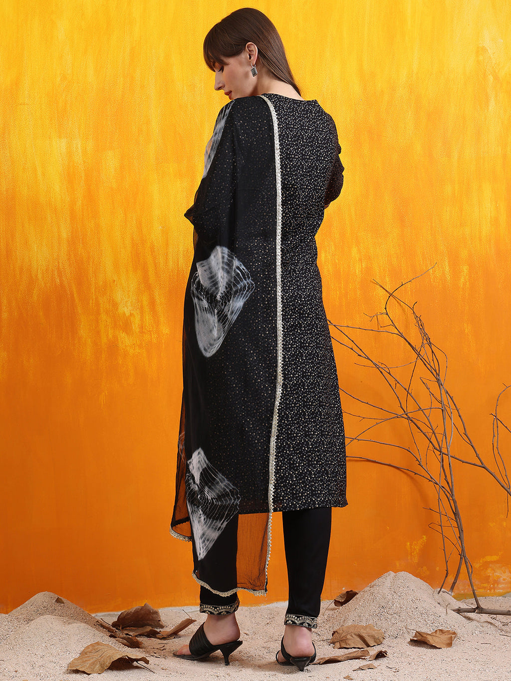 Embroidered & Bandhani Printed Kurta With Pant & Dupatta, Black - Hiral Fashion | Grocsy