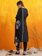 Embroidered & Bandhani Printed Kurta With Pant & Dupatta, Black - Hiral Fashion | Grocsy