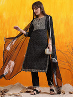 Embroidered & Bandhani Printed Kurta With Pant & Dupatta, Black - Hiral Fashion | Grocsy