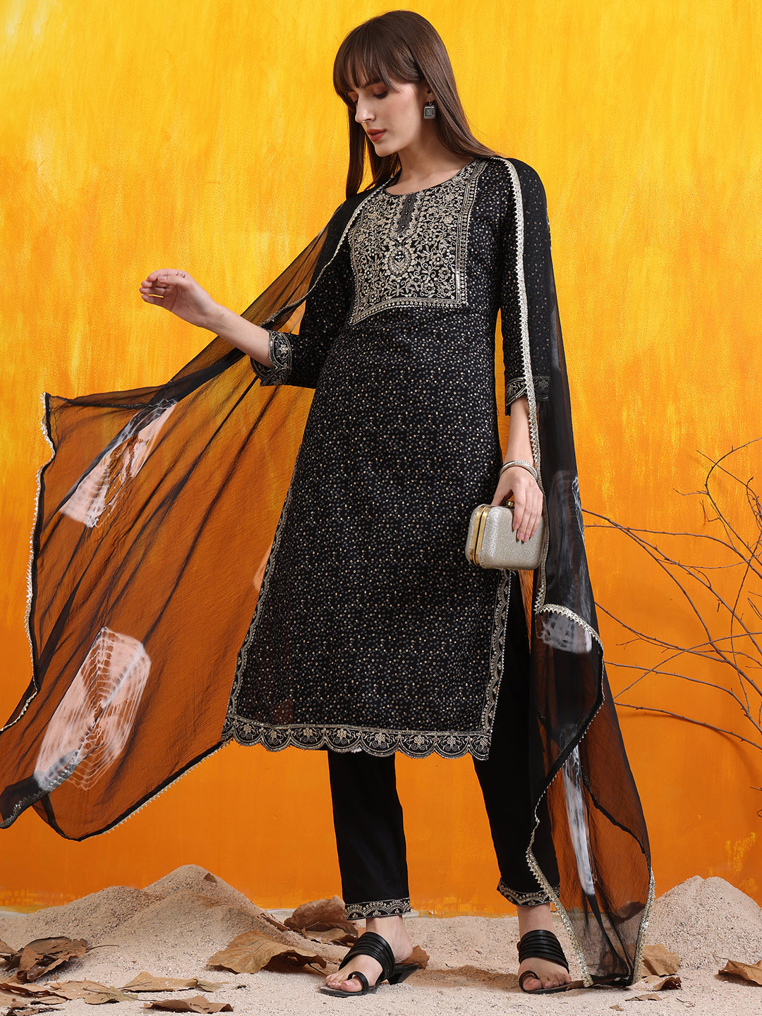 Embroidered & Bandhani Printed Kurta With Pant & Dupatta, Black - Hiral Fashion | Grocsy