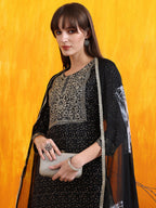 Embroidered & Bandhani Printed Kurta With Pant & Dupatta, Black - Hiral Fashion | Grocsy