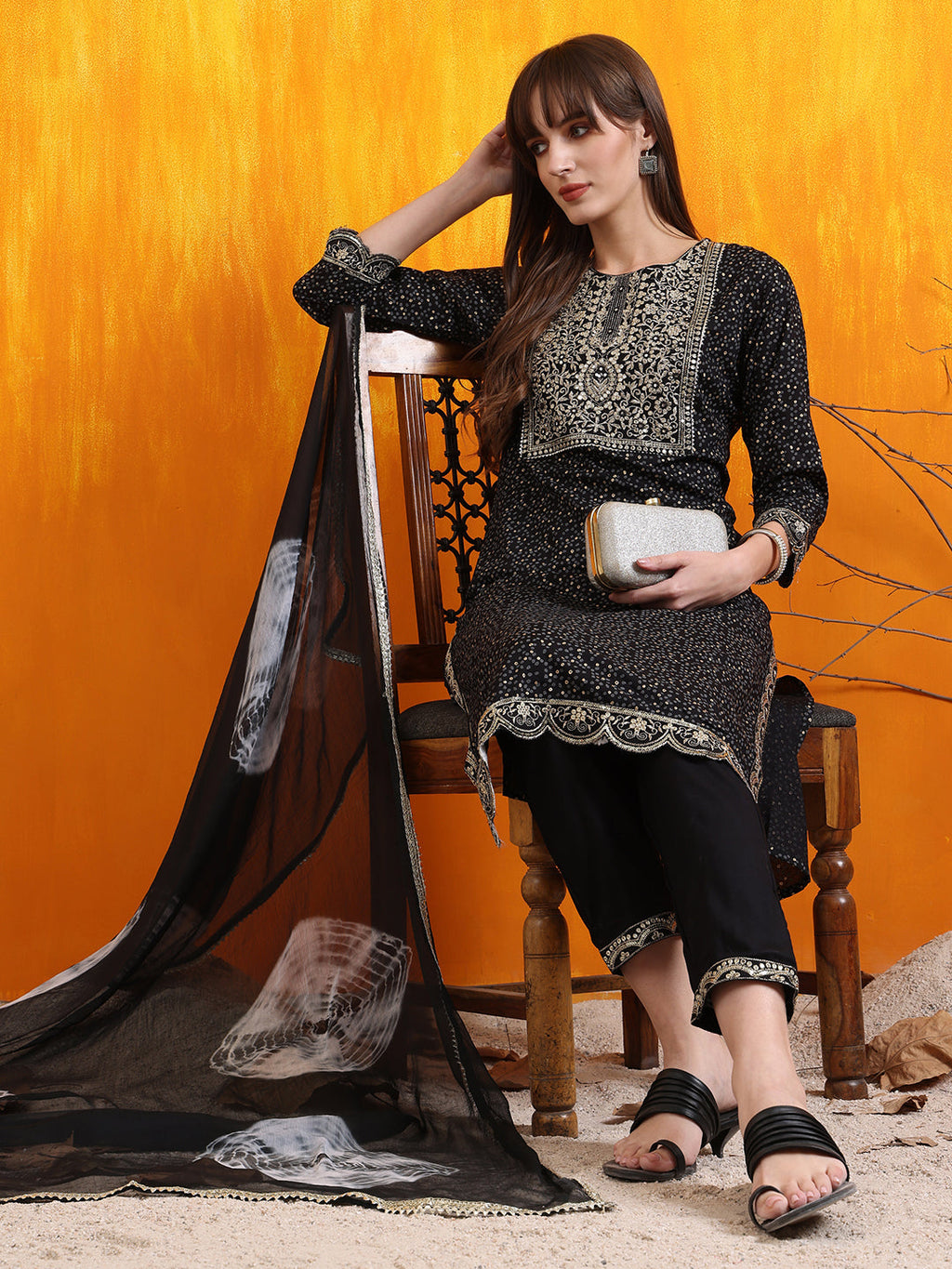 Embroidered & Bandhani Printed Kurta With Pant & Dupatta, Black - Hiral Fashion | Grocsy