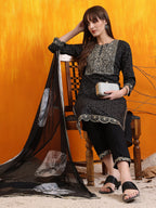 Embroidered & Bandhani Printed Kurta With Pant & Dupatta, Black - Hiral Fashion | Grocsy