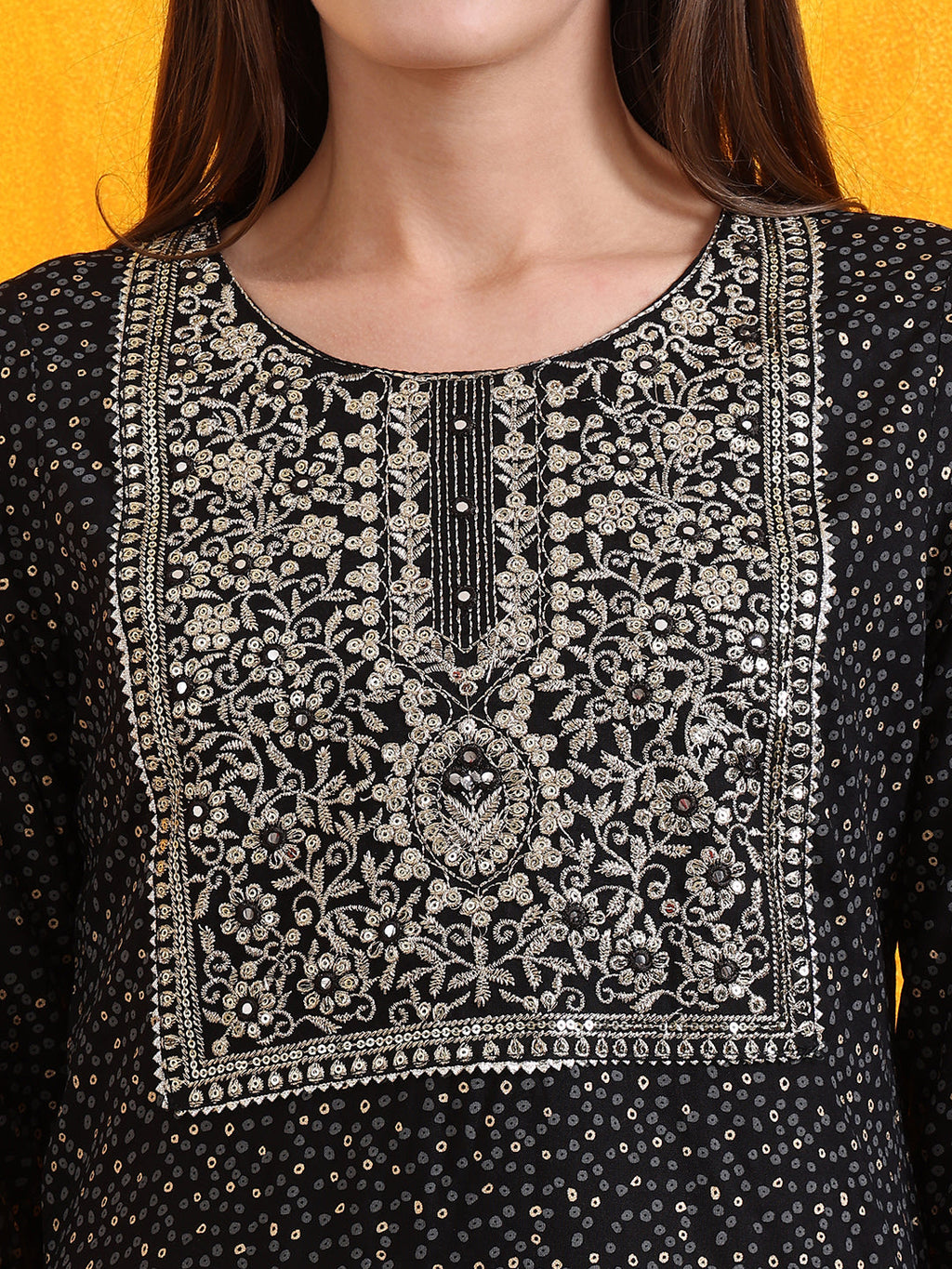 Embroidered & Bandhani Printed Kurta With Pant & Dupatta, Black - Hiral Fashion | Grocsy