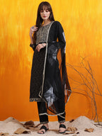 Embroidered & Bandhani Printed Kurta With Pant & Dupatta, Black - Hiral Fashion | Grocsy