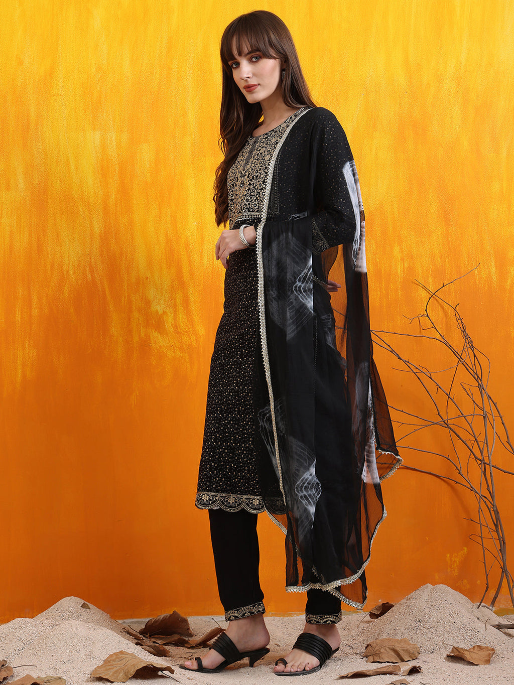 Embroidered & Bandhani Printed Kurta With Pant & Dupatta, Black - Hiral Fashion | Grocsy