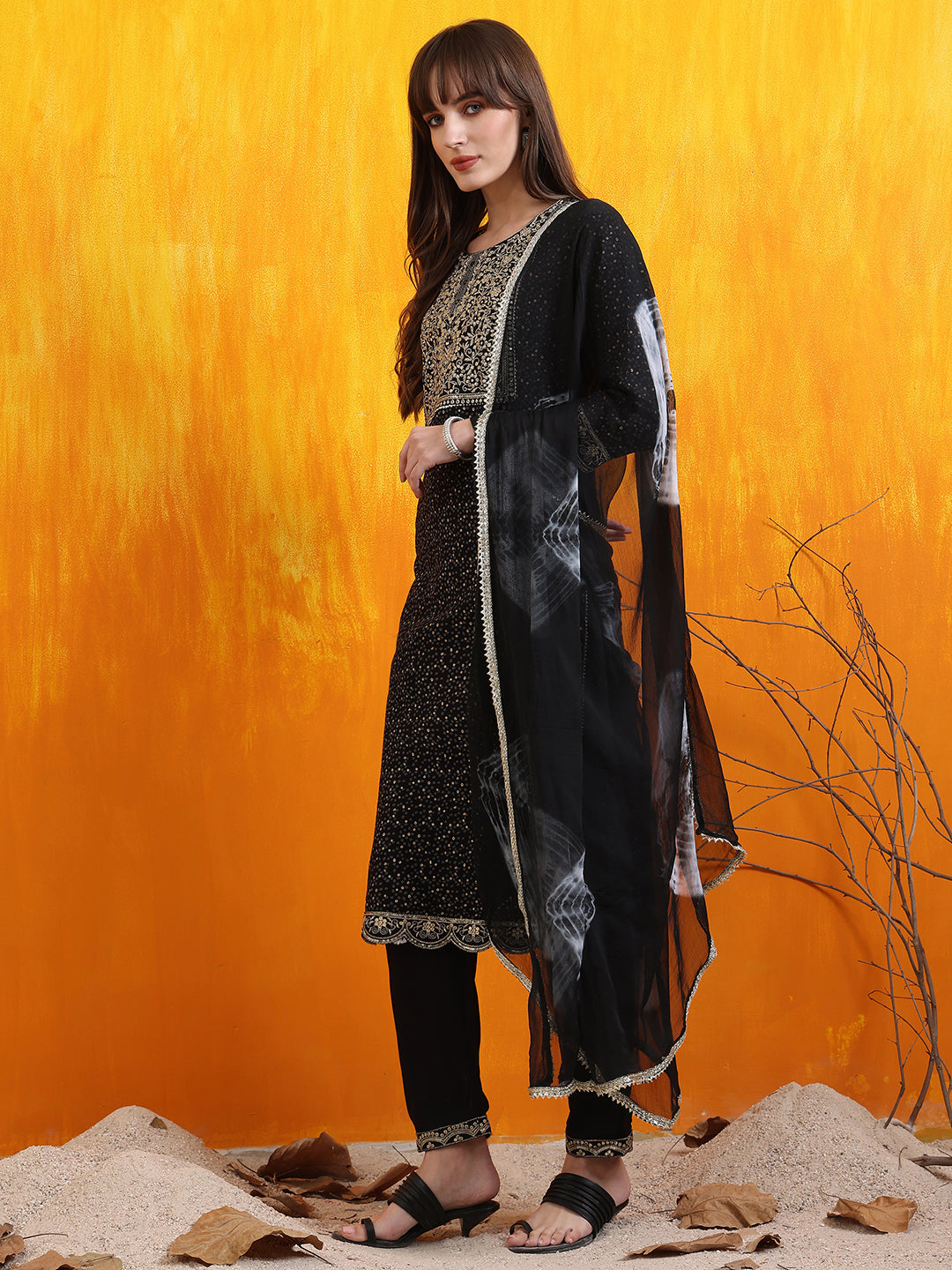 Embroidered & Bandhani Printed Kurta With Pant & Dupatta, Black - Hiral Fashion | Grocsy