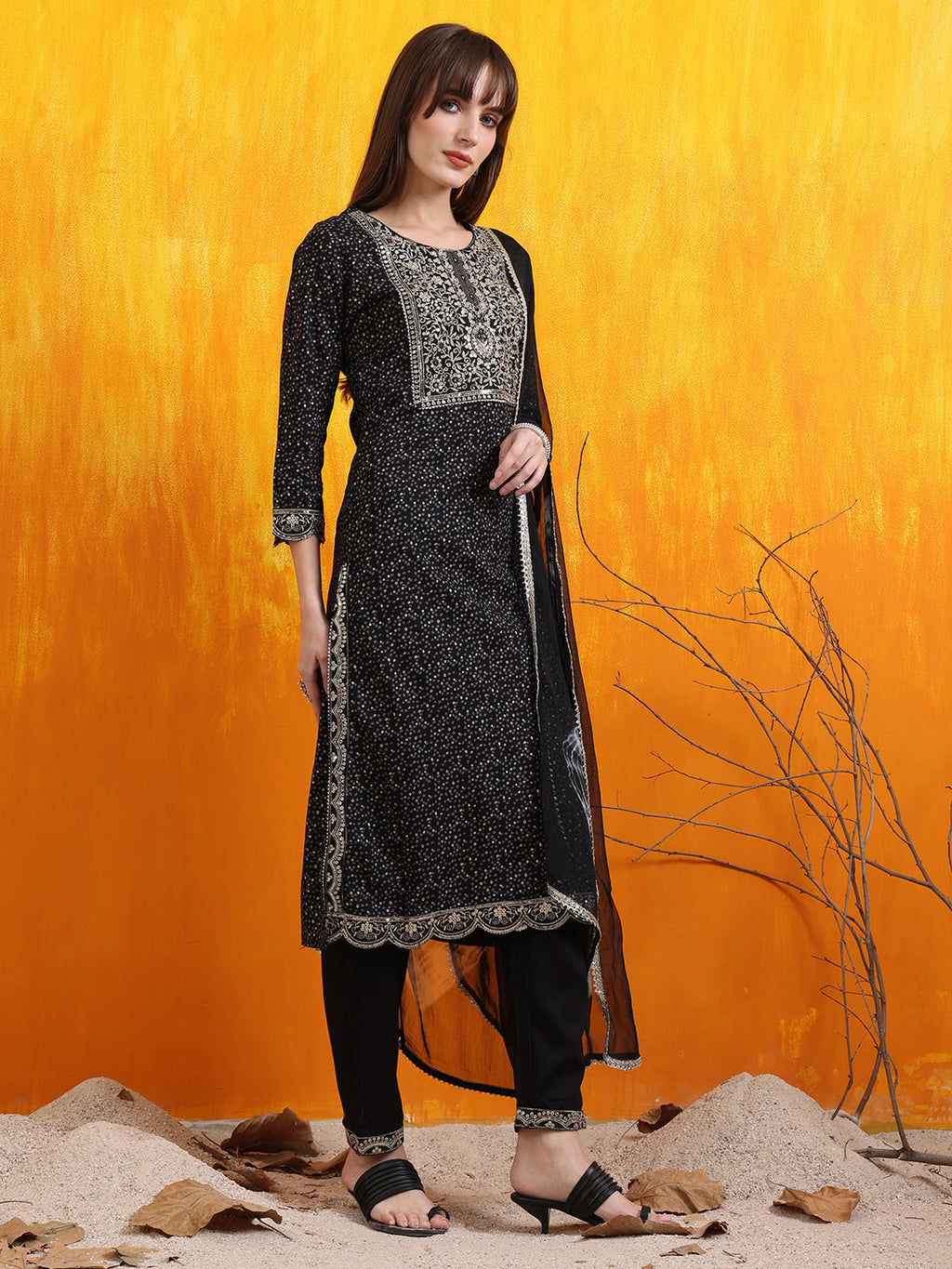 Embroidered & Bandhani Printed Kurta With Pant & Dupatta, Black - Hiral Fashion | Grocsy