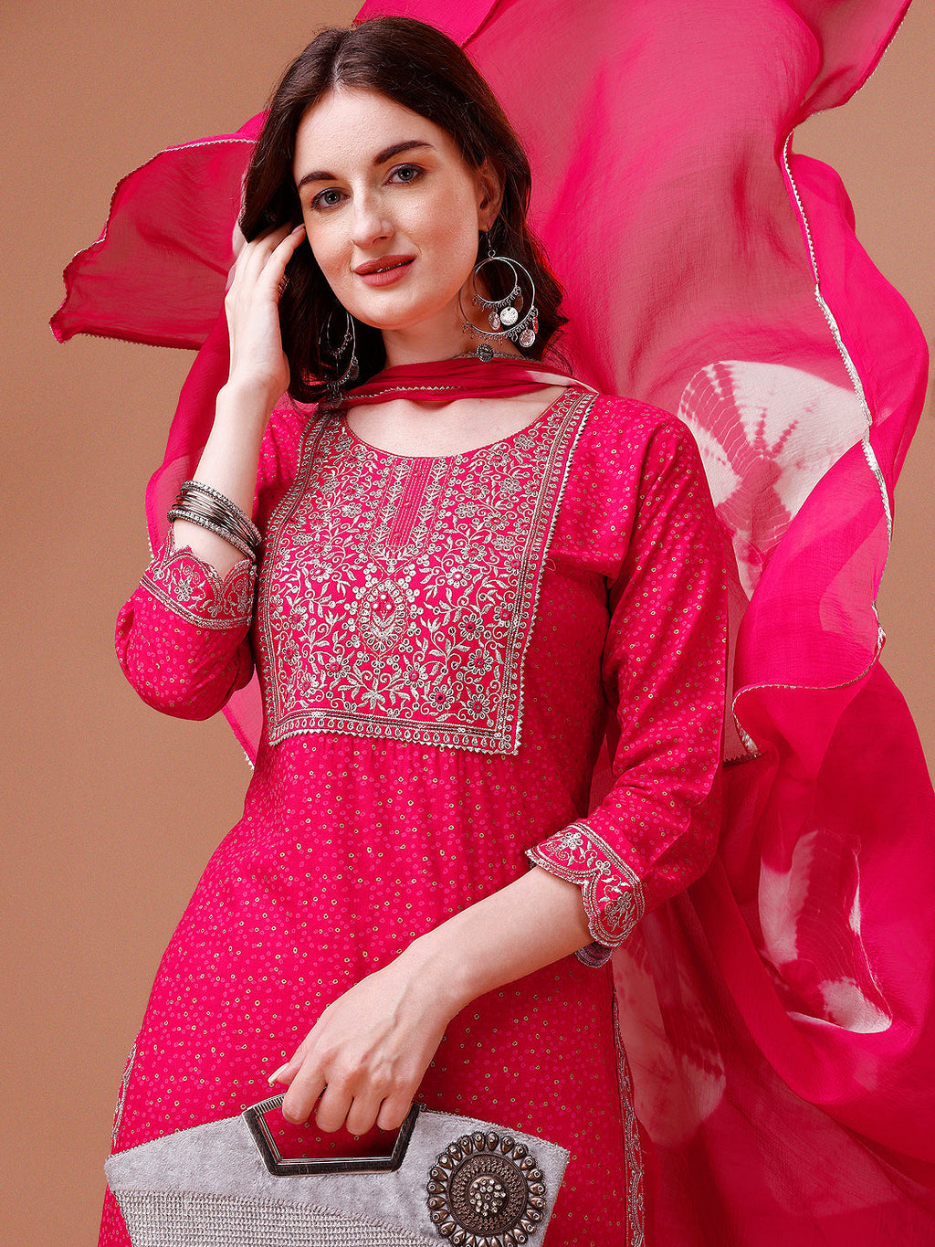 Yoke & Hem Embroidered Bandhani Printed Kurta,Pant & Dupatta Set, Multicolor - Hiral Fashion | Grocsy