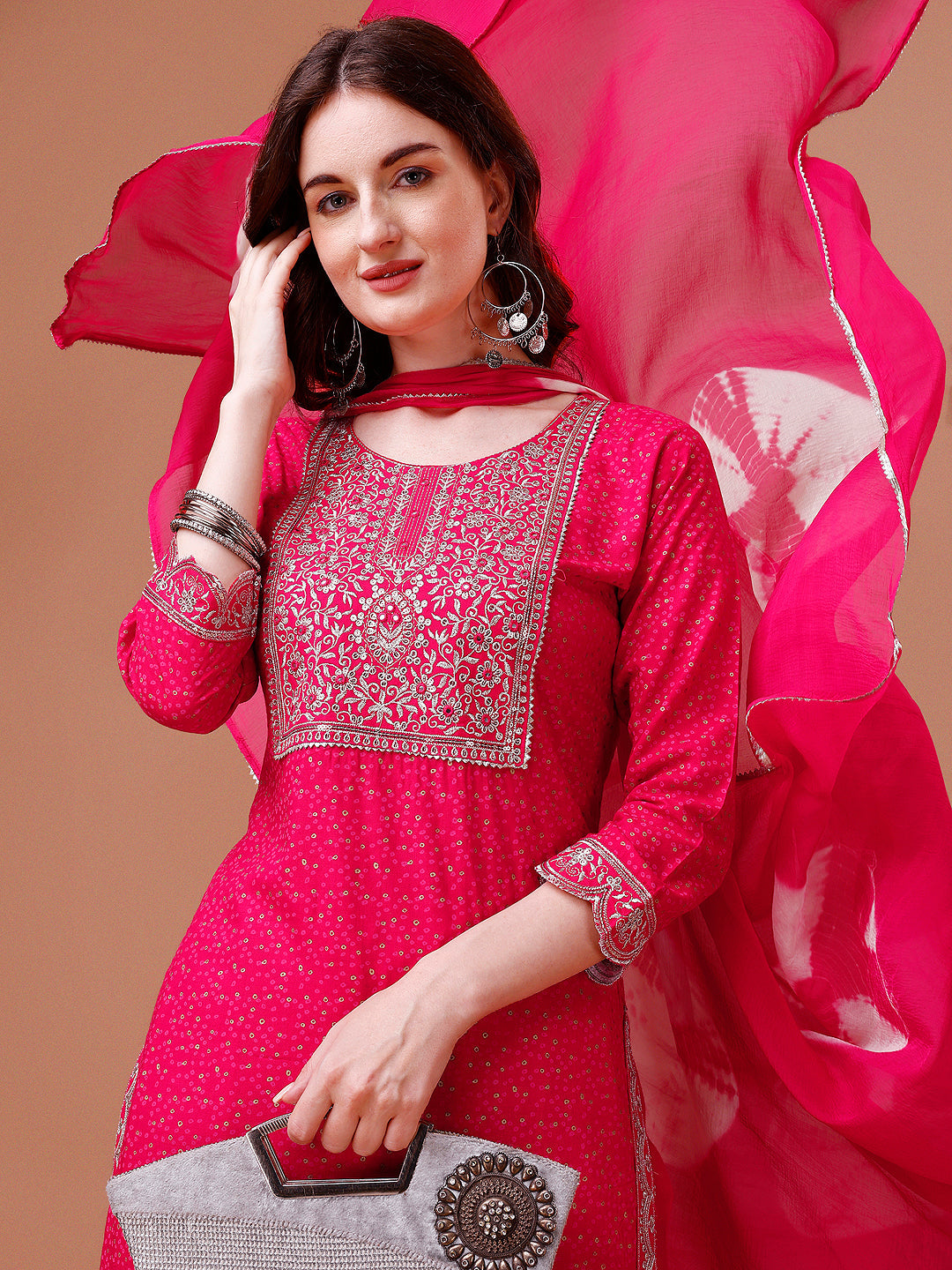 Yoke & Hem Embroidered Bandhani Printed Kurta,Pant & Dupatta Set, Multicolor - Hiral Fashion | Grocsy