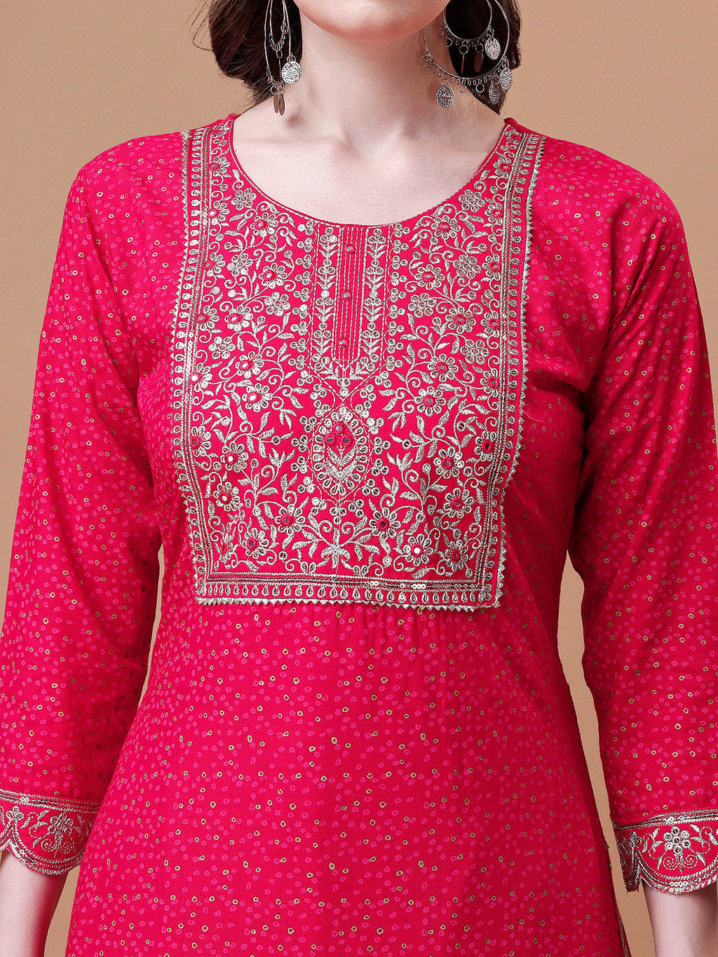 Yoke & Hem Embroidered Bandhani Printed Kurta,Pant & Dupatta Set, Multicolor - Hiral Fashion | Grocsy