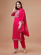 Yoke & Hem Embroidered Bandhani Printed Kurta,Pant & Dupatta Set, Multicolor - Hiral Fashion | Grocsy