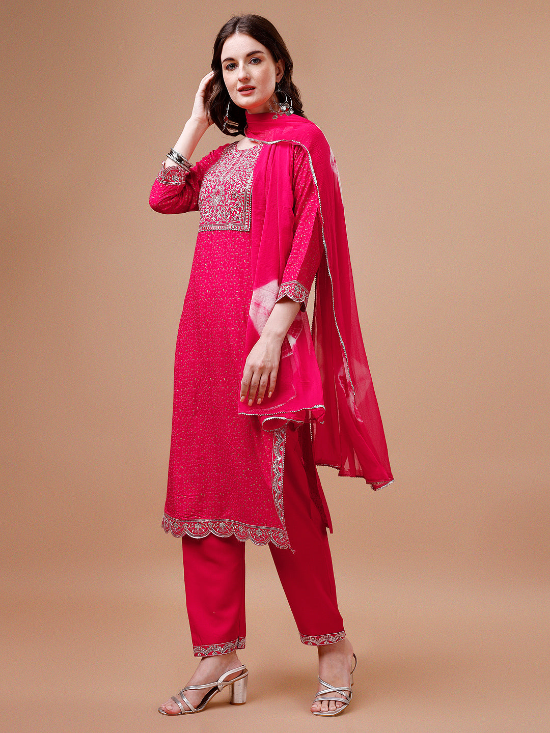 Yoke & Hem Embroidered Bandhani Printed Kurta,Pant & Dupatta Set, Multicolor - Hiral Fashion | Grocsy
