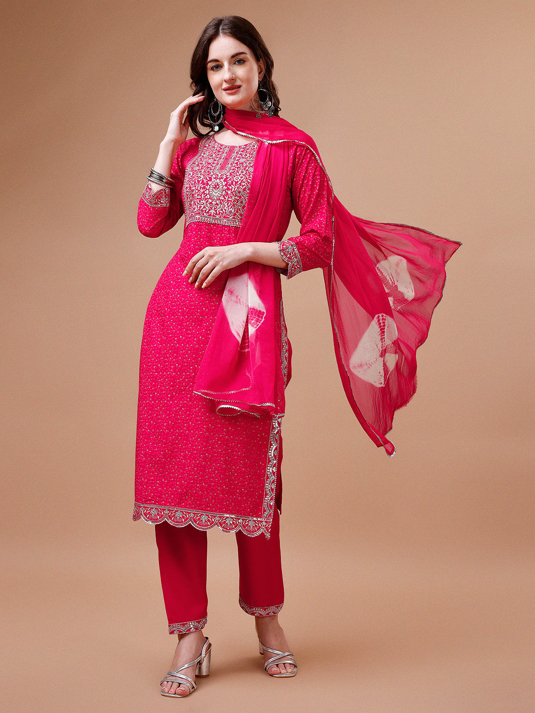 Yoke & Hem Embroidered Bandhani Printed Kurta,Pant & Dupatta Set, Multicolor - Hiral Fashion | Grocsy