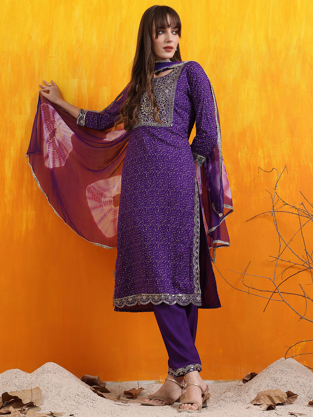 Embroidered & Bandhani Printed Kurta With Pant & Dupatta, Purple - Hiral Fashion | Grocsy