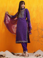 Embroidered & Bandhani Printed Kurta With Pant & Dupatta, Purple - Hiral Fashion | Grocsy