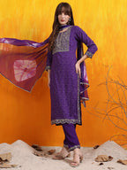 Embroidered & Bandhani Printed Kurta With Pant & Dupatta, Purple - Hiral Fashion | Grocsy