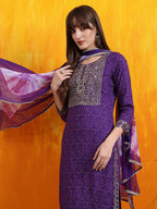 Embroidered & Bandhani Printed Kurta With Pant & Dupatta, Purple - Hiral Fashion | Grocsy