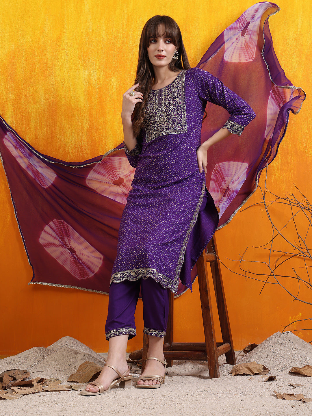 Embroidered & Bandhani Printed Kurta With Pant & Dupatta, Purple - Hiral Fashion | Grocsy