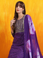 Embroidered & Bandhani Printed Kurta With Pant & Dupatta, Purple - Hiral Fashion | Grocsy