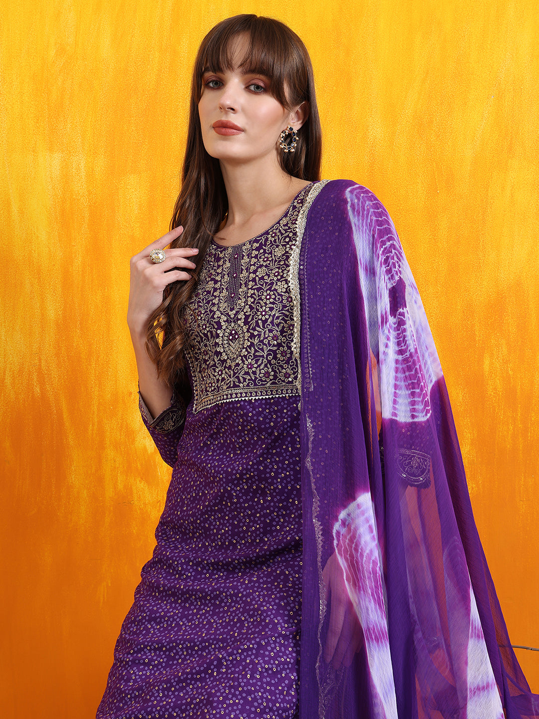 Embroidered & Bandhani Printed Kurta With Pant & Dupatta, Purple - Hiral Fashion | Grocsy