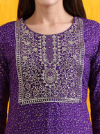 Embroidered & Bandhani Printed Kurta With Pant & Dupatta, Purple - Hiral Fashion | Grocsy
