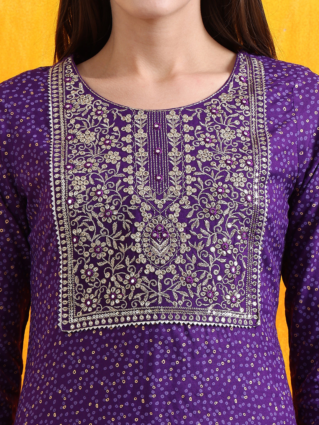 Embroidered & Bandhani Printed Kurta With Pant & Dupatta, Purple - Hiral Fashion | Grocsy