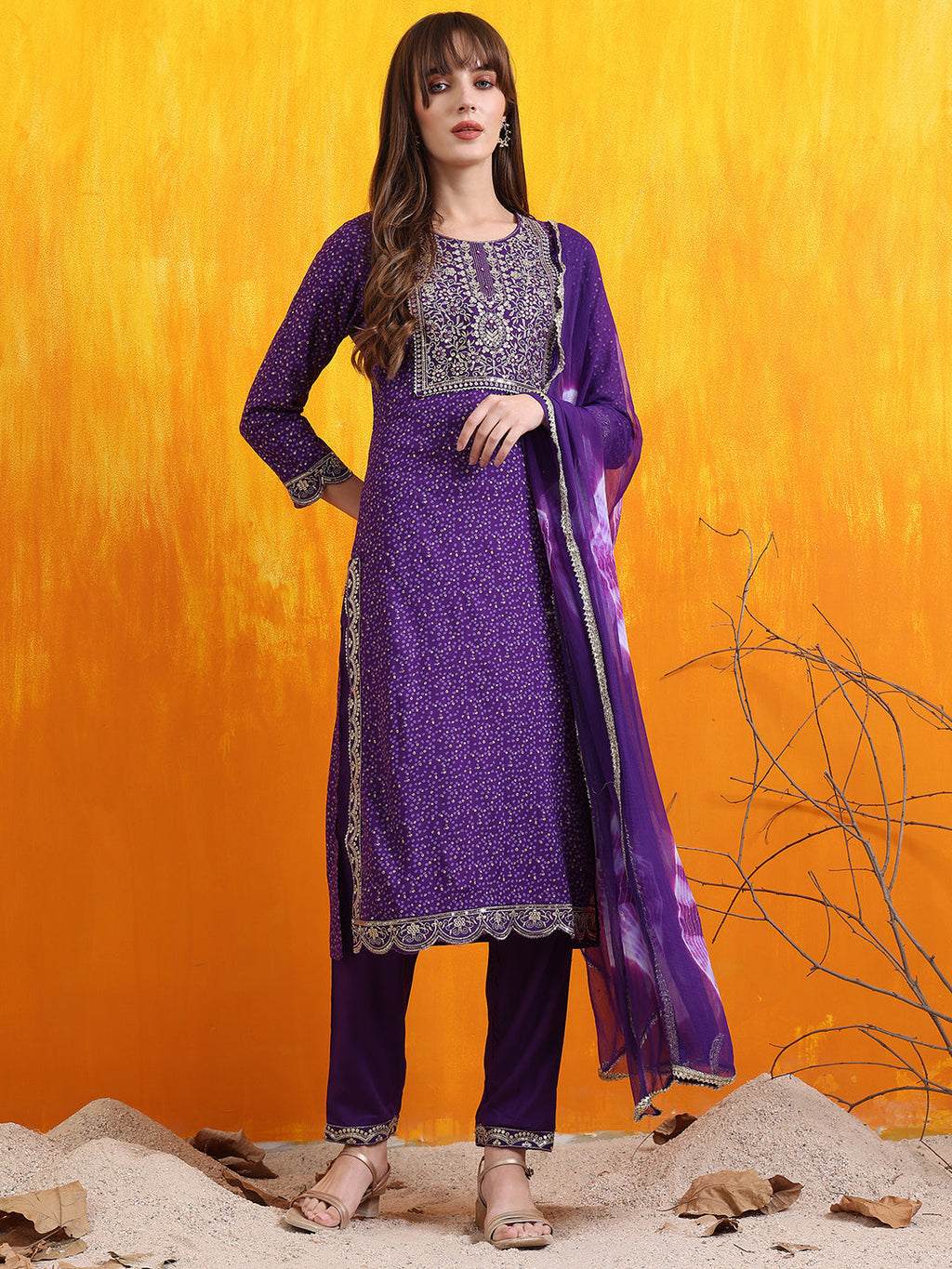 Embroidered & Bandhani Printed Kurta With Pant & Dupatta, Purple - Hiral Fashion | Grocsy