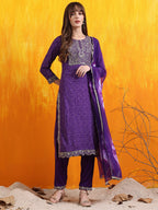 Embroidered & Bandhani Printed Kurta With Pant & Dupatta, Purple - Hiral Fashion | Grocsy