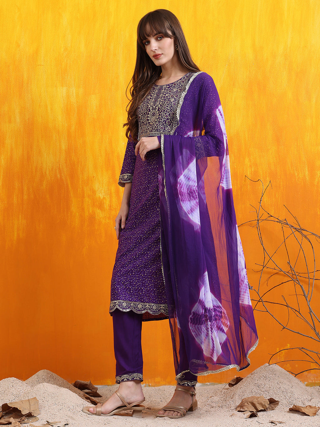 Embroidered & Bandhani Printed Kurta With Pant & Dupatta, Purple - Hiral Fashion | Grocsy