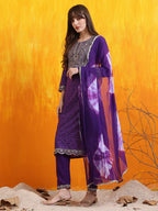 Embroidered & Bandhani Printed Kurta With Pant & Dupatta, Purple - Hiral Fashion | Grocsy
