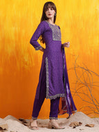 Embroidered & Bandhani Printed Kurta With Pant & Dupatta, Purple - Hiral Fashion | Grocsy