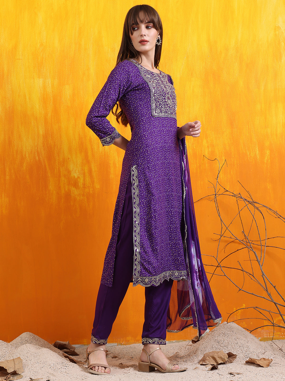 Embroidered & Bandhani Printed Kurta With Pant & Dupatta, Purple - Hiral Fashion | Grocsy