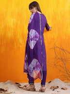 Embroidered & Bandhani Printed Kurta With Pant & Dupatta, Purple - Hiral Fashion | Grocsy