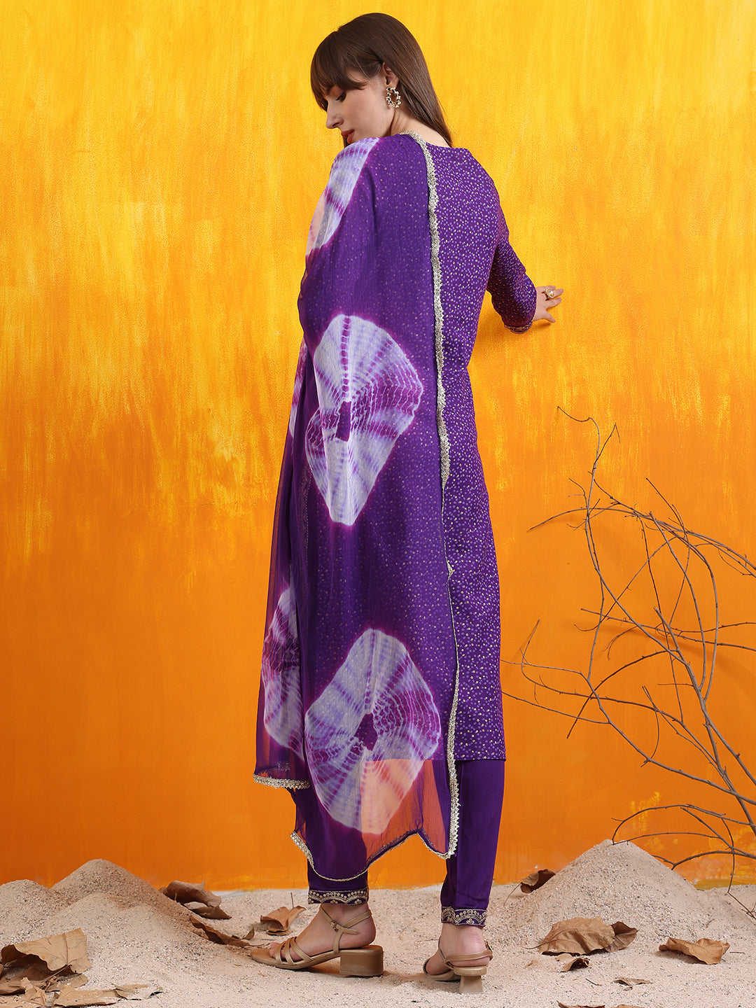 Embroidered & Bandhani Printed Kurta With Pant & Dupatta, Purple - Hiral Fashion | Grocsy