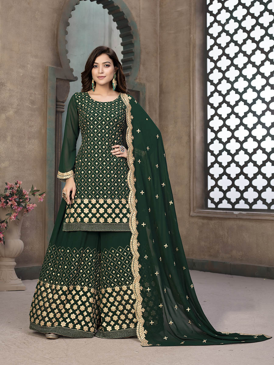 Myra Green Embroidered Faux Georgette Palaazo Suit | Grocsy