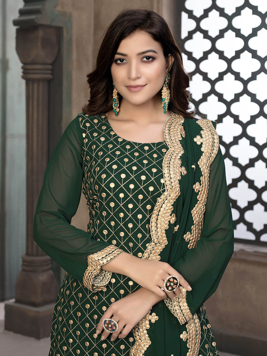Myra Green Embroidered Faux Georgette Palaazo Suit | Grocsy