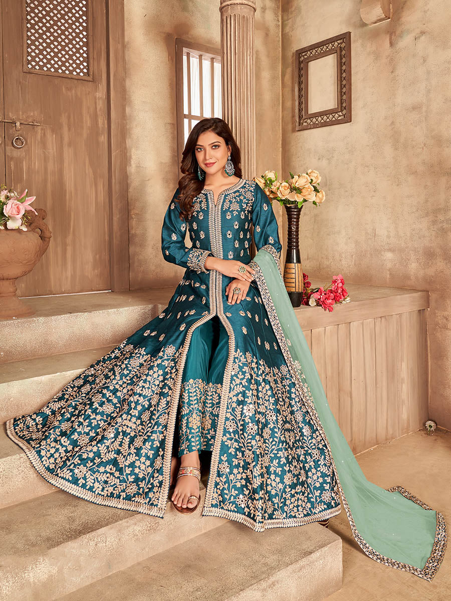 Myra Rama Art silk Embroidered Pant Style Anarkali Suit | Grocsy