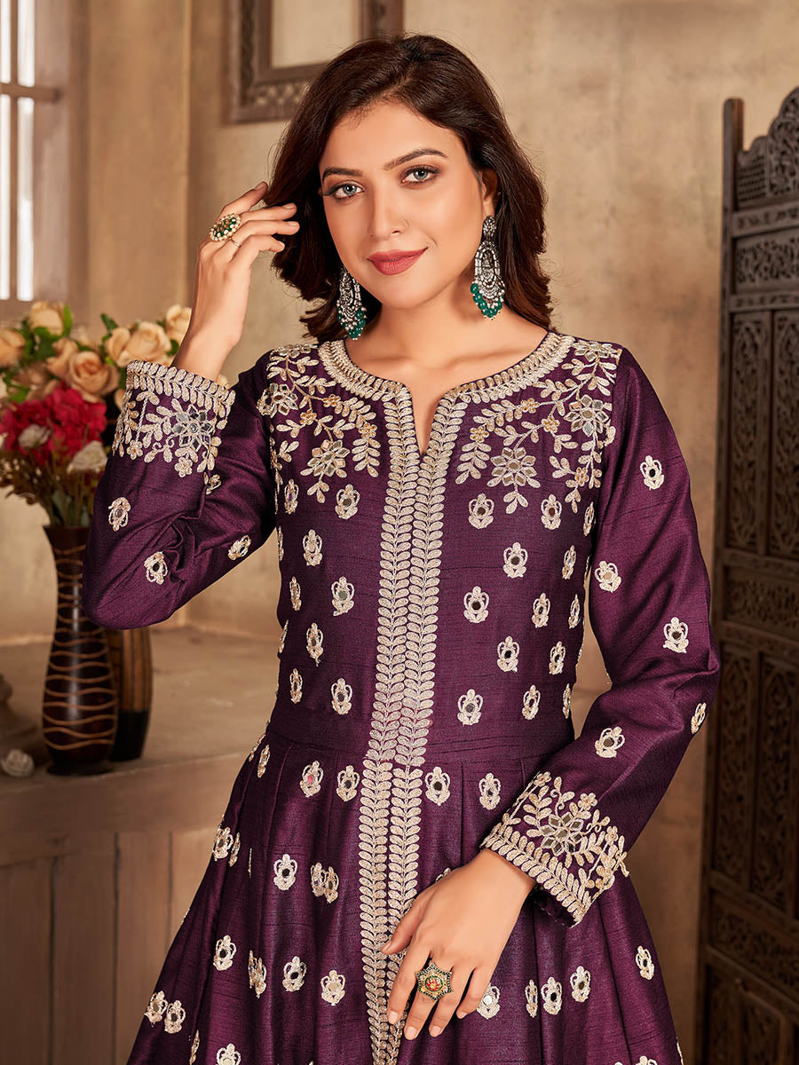 Myra Wine Art silk Embroidered Pant Style Anarkali Suit | Grocsy