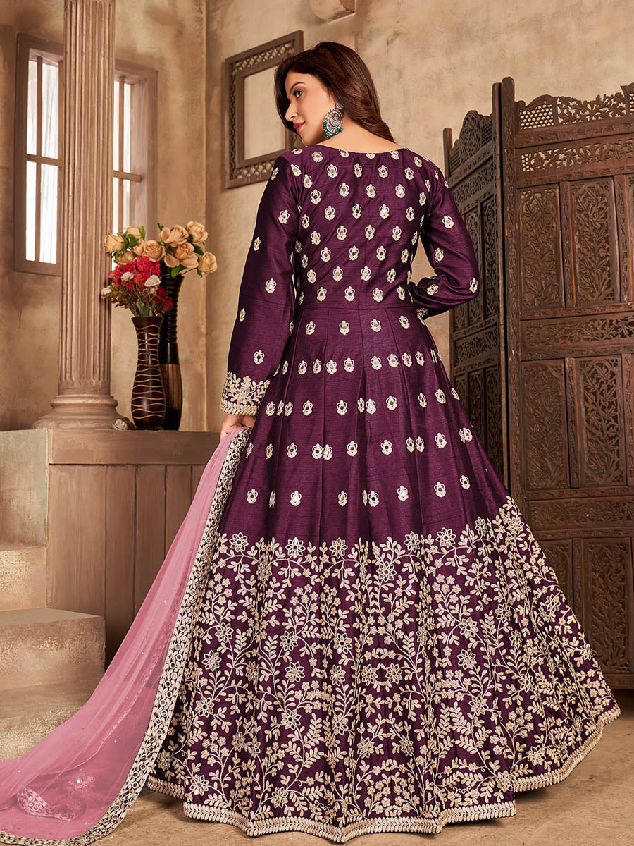 Myra Wine Art silk Embroidered Pant Style Anarkali Suit | Grocsy