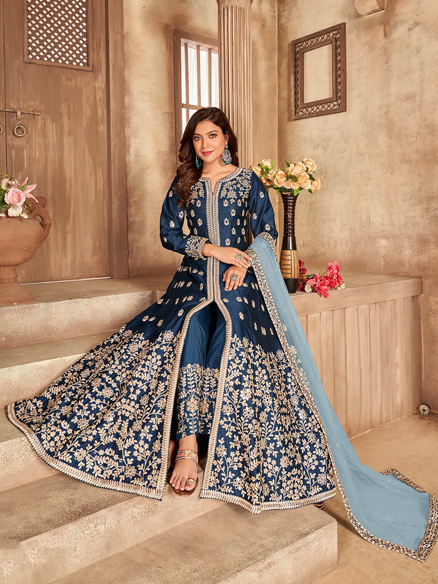 Myra Teal Art silk Embroidered Pant Style Anarkali Suit | Grocsy