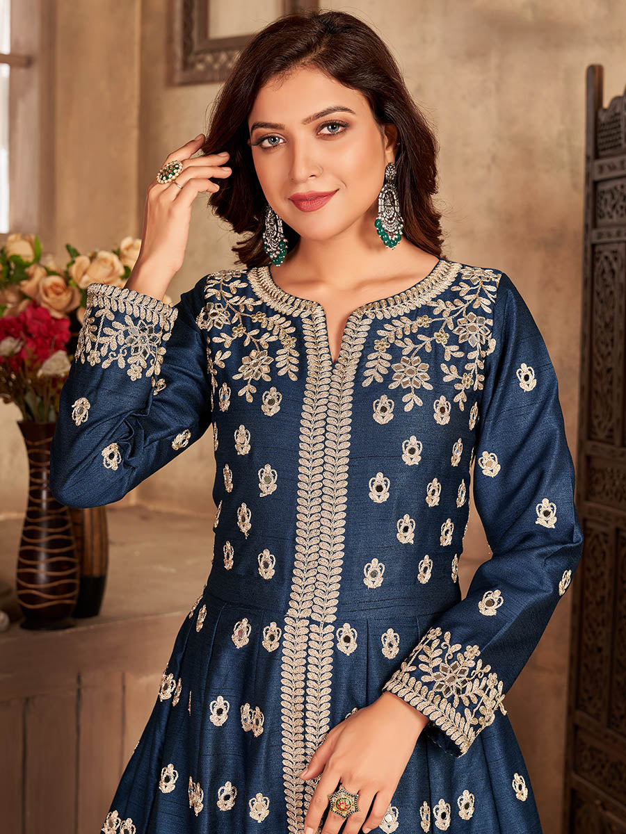 Myra Teal Art silk Embroidered Pant Style Anarkali Suit | Grocsy