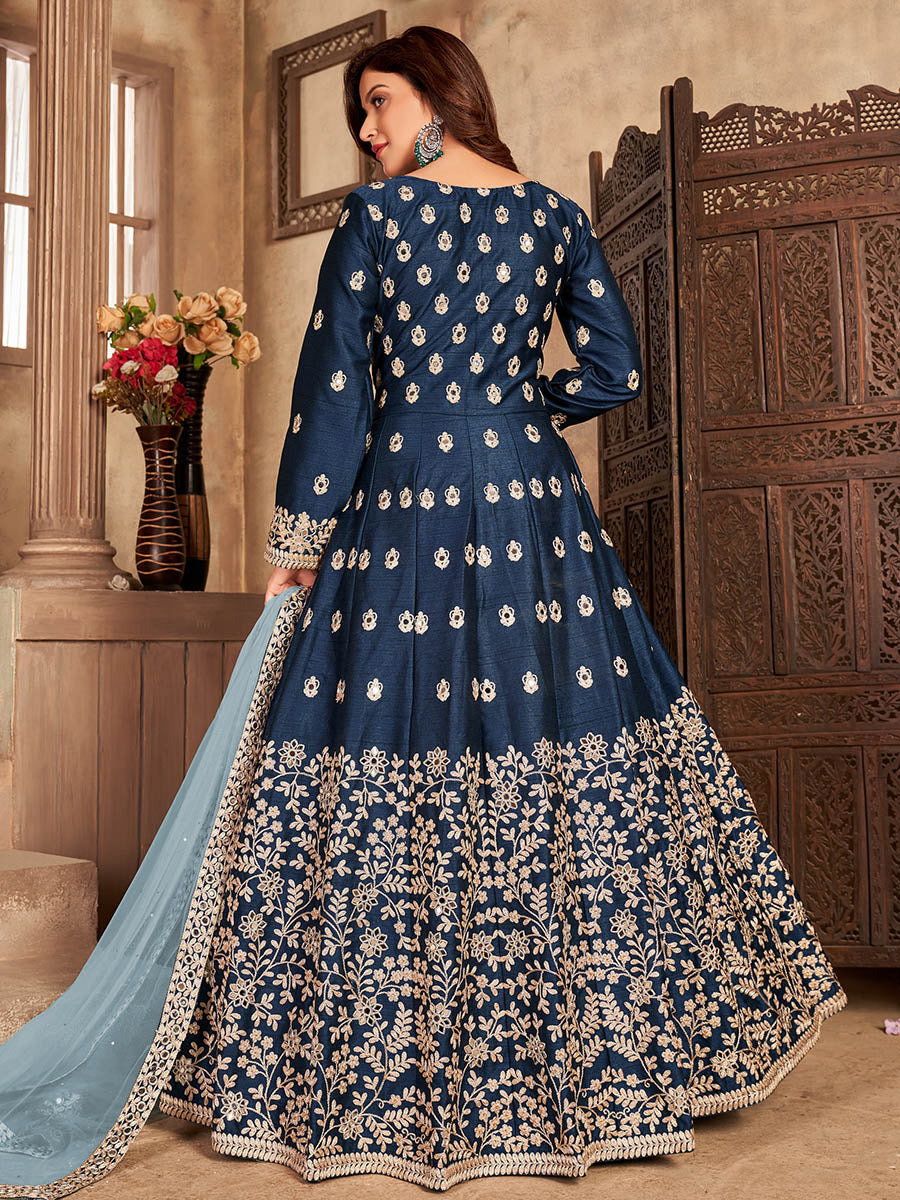 Myra Teal Art silk Embroidered Pant Style Anarkali Suit | Grocsy